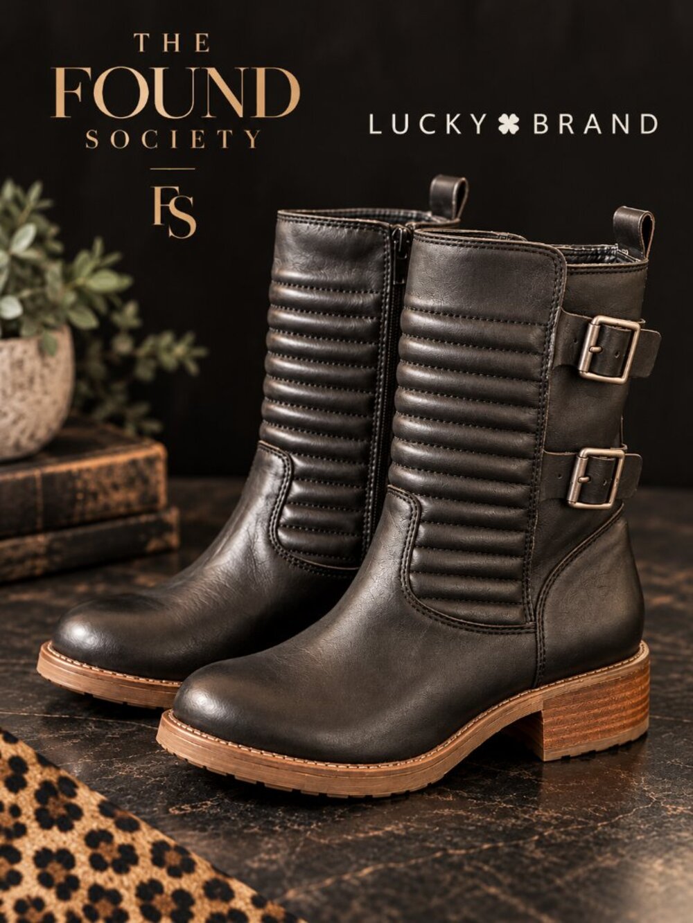 Lucky Brand Black Leather Quilted Moto Boots Buckle Women’s 8.5